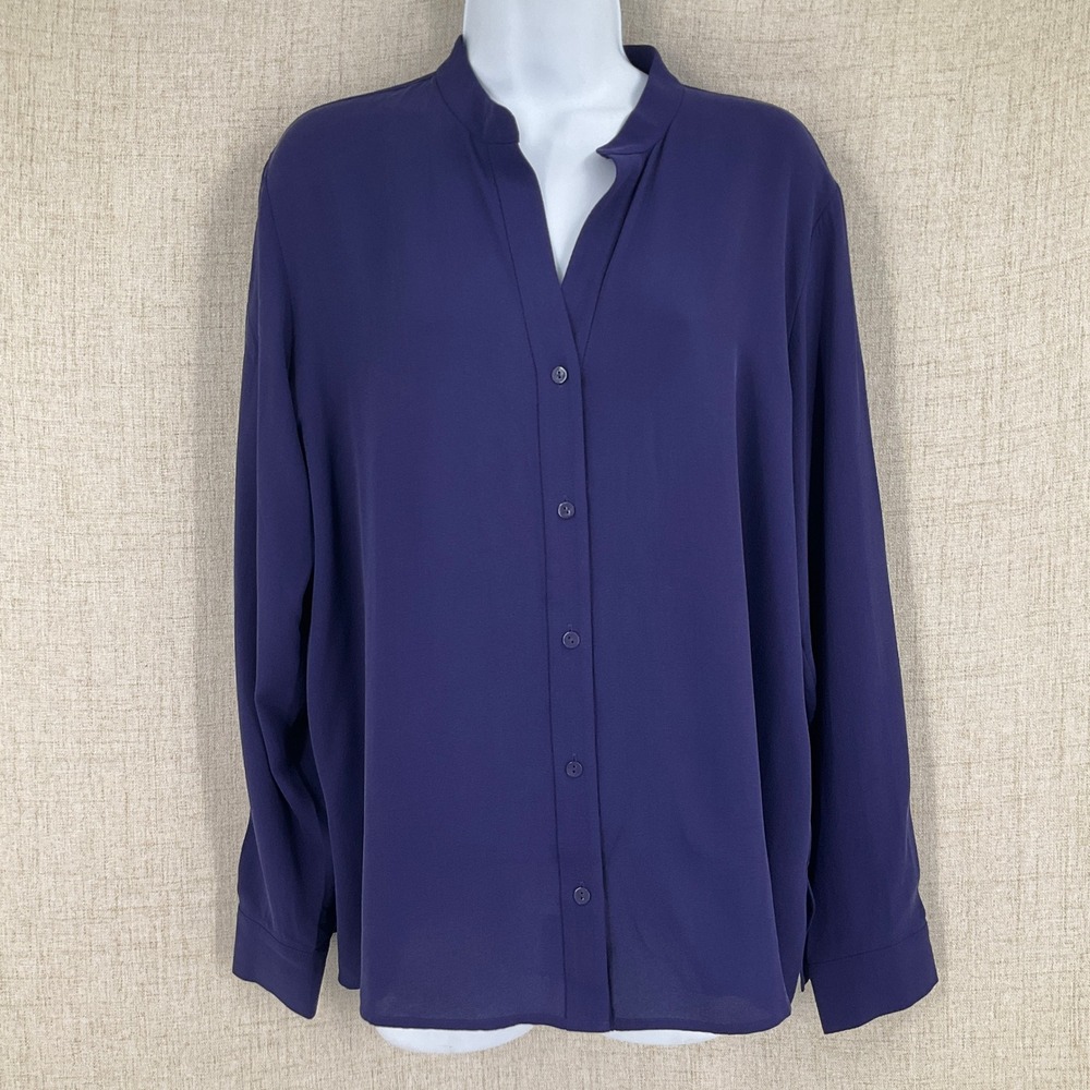 Eileen Fisher Blouse Womens S Purple Mandarin Collar Button Front Minimalist
